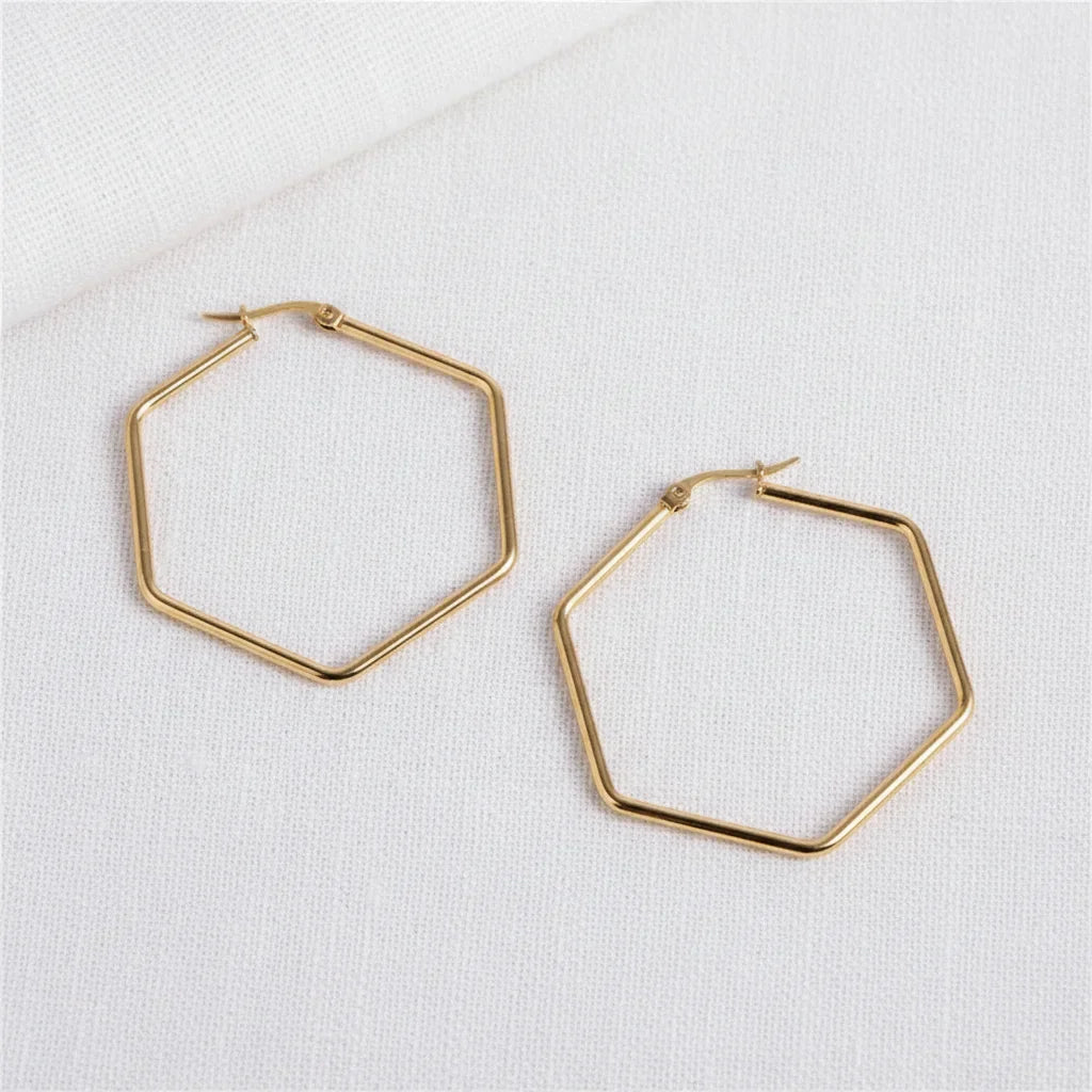 Grandes boucles d'oreilles hexagonales dorées en acier inoxydable - Bijou géométrique minimaliste
