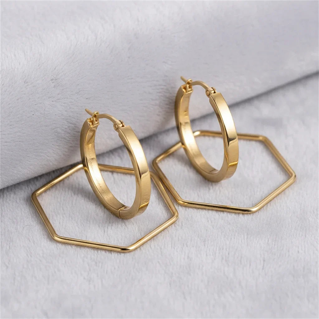 Grandes boucles d'oreilles hexagonales et rondes dorées en acier inoxydable - Bijou géométrique minimaliste