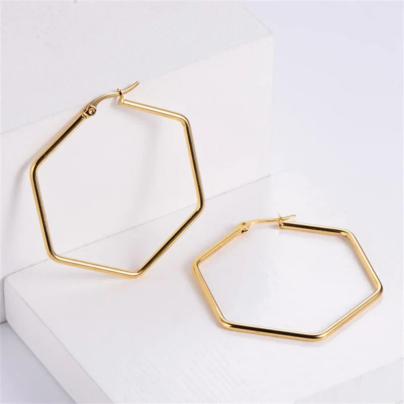 Grandes boucles d'oreilles hexagonales dorées en acier inoxydable - Bijou géométrique minimaliste