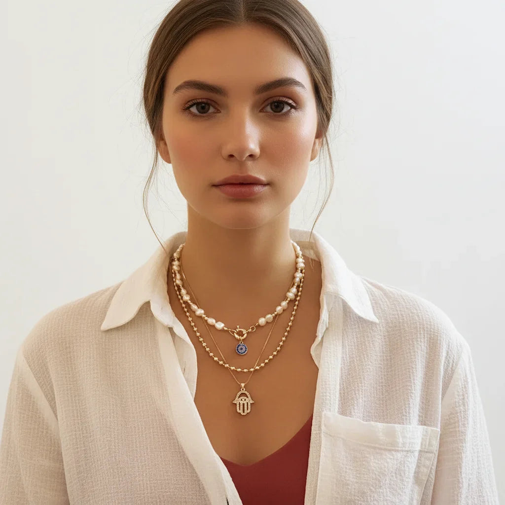 Composition de colliers multi-rangs style bohème chic : choker perles d'eau douce avec pendentif mauvais œil bleu, chaîne à billes dorée et collier main de Fatma strass.