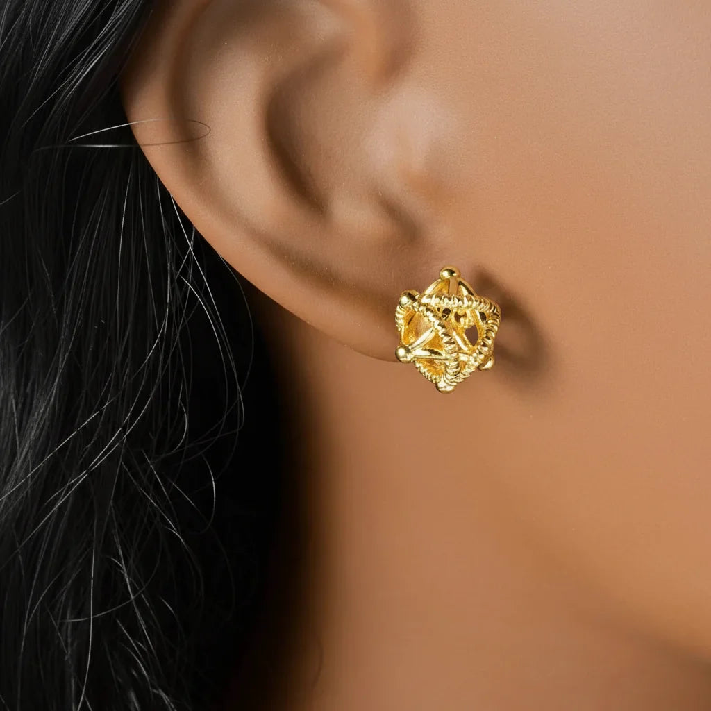 Boucles d'oreilles puces dorées en forme de sphères entrelacées texturées, design géométrique et style vintage.